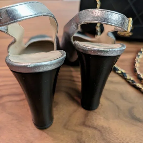 Vintage Chanel Silver Cap Toe Slingback Block Heel Pumps, Sz 36 - Picture 5 of 10